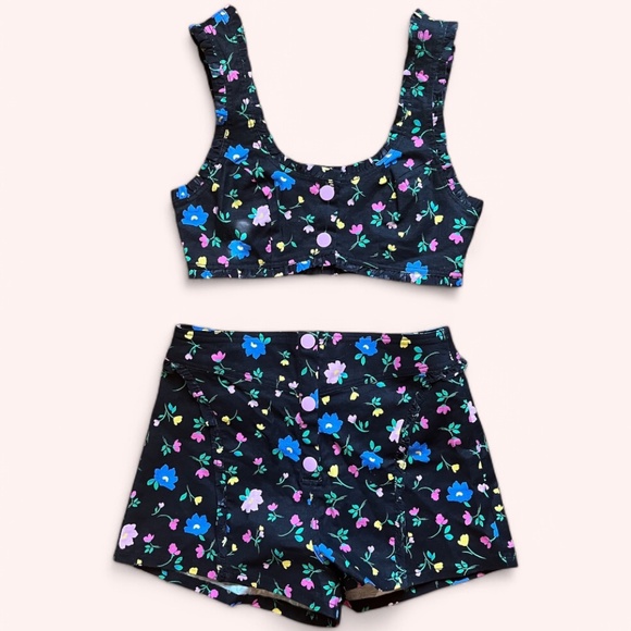 For Love And Lemons Pants - NWOT For Love & Lemons Cottagecore Black Floral Denim Button Up Short Set Size M